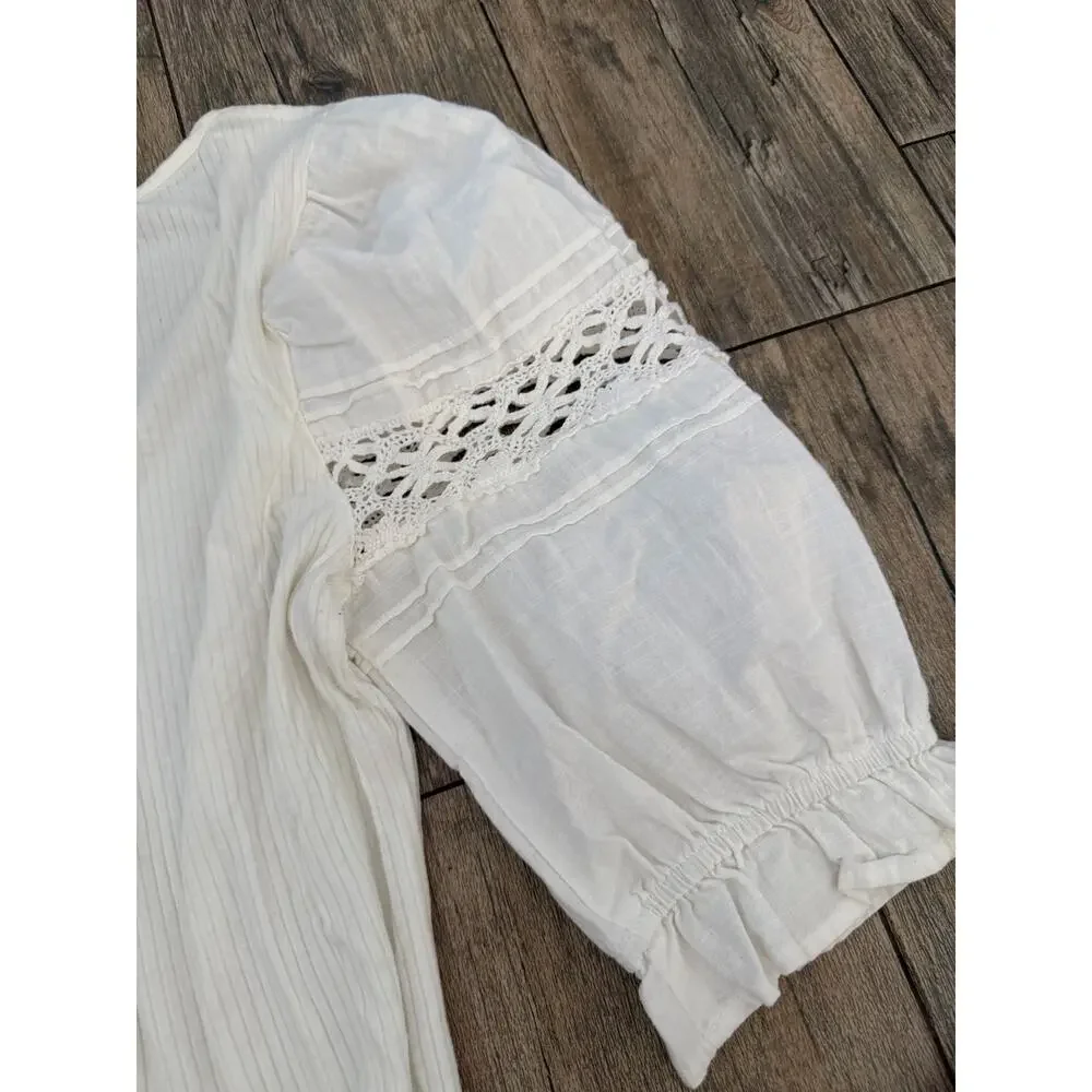 Free People Something Special Tee Size S Ivory Stretch Floral Lace Puff Sleeve